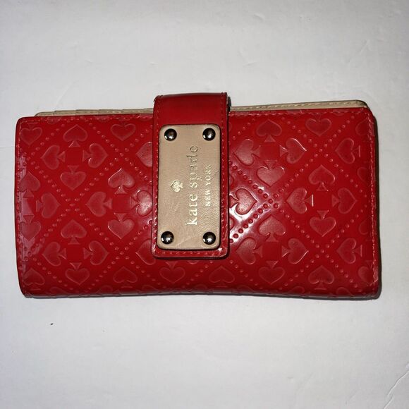 Kate Spade Wallet With Coin Zip New York Red patent Leather Tan Inside Used - Picture 1 of 16